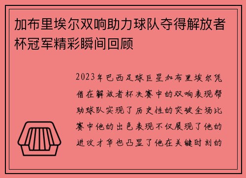 加布里埃尔双响助力球队夺得解放者杯冠军精彩瞬间回顾
